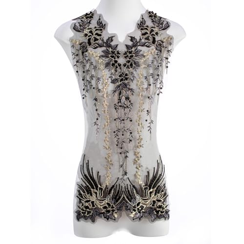FixrWre Perlen-Blumen-Applikation, bestickte Flicken, handgefertigt, Nähwerkzeug für selbstgemachte Ausschnitte, Mieder, Hochzeit, Brautkleid, Ballkleid (schwarz, groß) von FixrWre