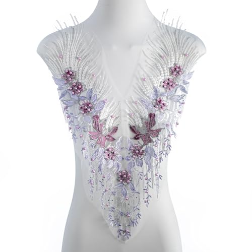 FixrWre Perlen-Blumen-Applikation, bestickte Flicken, handgefertigtes Nähwerkzeug für selbstgemachte Ausschnitte, Mieder, Hochzeit, Brautkleid, Abschlussball, Kleid (lila, klein) von FixrWre