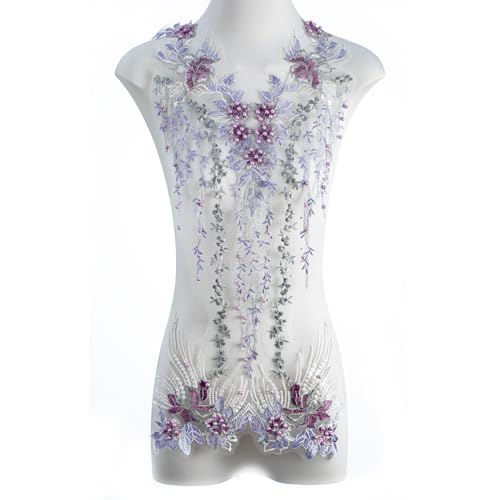 FixrWre Perlen-Blumen-Applikation, bestickte Flicken, handgefertigtes Nähwerkzeug für selbstgemachte Ausschnitte, Mieder, Hochzeit, Brautkleid, Ballkleid (lila, groß) von FixrWre