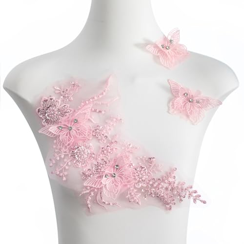 FixrWre Schmetterlings-Applikation aus Stoff, Strass, Perlen, Spitze, 3D-bestickt, für Kleidung, Kleid (Rosa) von FixrWre
