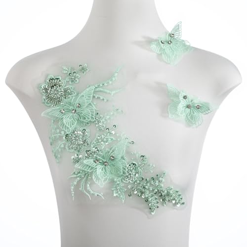 FixrWre Schmetterlings-Applikation aus Stoff, Strass, Perlen, Spitze, 3D-bestickt, für Kleidung, Kleid (grün) von FixrWre