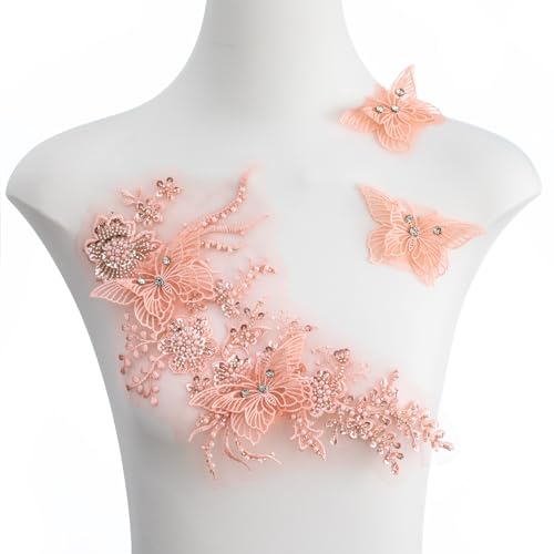 FixrWre Schmetterlings-Applikation aus Stoff, Strass, Perlen, Spitze, 3D-bestickt, für Kleidung, Kleid (orange) von FixrWre
