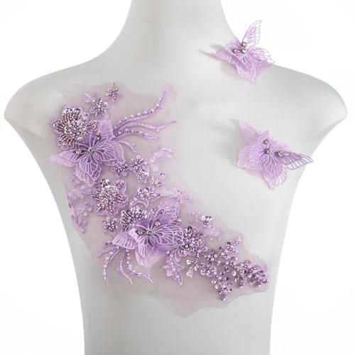FixrWre Schmetterlings-Applikation mit Strasssteinen, 3D-Stickerei, Spitzenstoff für Kleidung, Kleid (lila) von FixrWre