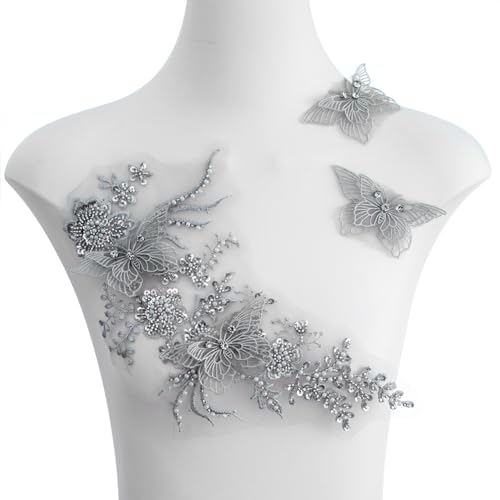 FixrWre Schmetterlings-Applikation mit Strasssteinen, 3D-bestickter Spitzenstoff für Kleidung, Kleid (grau) von FixrWre