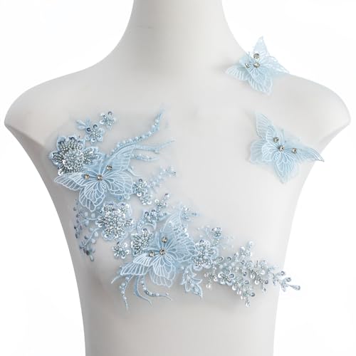 FixrWre Schmetterlings-Applikation mit Strasssteinen, 3D-bestickter Spitzenstoff für Kleidung, Kleid (hellblau) von FixrWre