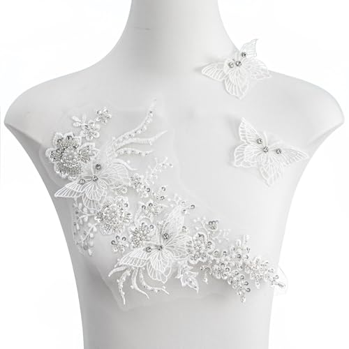 FixrWre Schmetterlings-Applikation mit Strasssteinen, 3D-bestickter Spitzenstoff für Kleidung, Kleid (weiß) von FixrWre