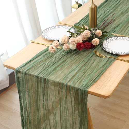 Fixwal Seihtuch-Tischläufer, plissiert, Boho-Gaze-Tischläufer, lang, halbtransparent, Tischdekoration für Partys, Duschen, Geburtstage und Hochzeiten, 3 Stück, Salbeigrün (88,9 x 305,8 cm) von Fixwal