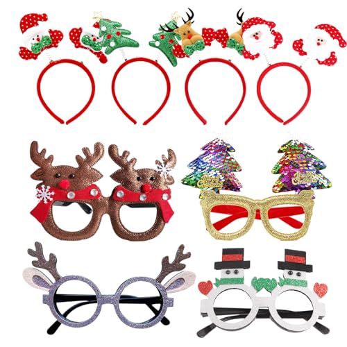Fiyuer 8 Stück Weihnachts Haarreif Partybrille, Weihnachtskostüm Weihnachts Kopfschmuck Weihnachts Haarschmuck, Weihnachten Stirnband Haarband, Weihnachtsbrillen, für Kinder Erwachsene, Party Favors von Fiyuer