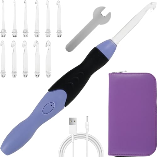Leuchtende Häkelnadel-Set, 11 Größen, beleuchtete Häkelnadeln mit Etui, austauschbare Köpfe, 2,5 mm bis 8 mm, wiederaufladbare Haken, DIY-Haken-Set zum Häkeln und Stricken (violetter Griff, lila von Fizocosisto
