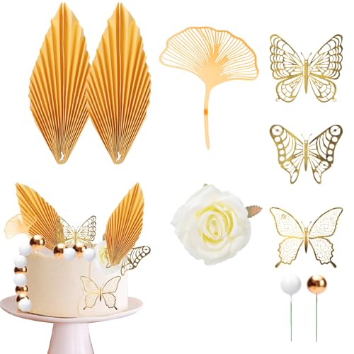 Fjquamitix Künstliche Blumen-Kuchenaufsatz-Set, Palmblätter, Rosen, Pfingstrosen mit Mini-Kugeln, DIY-Kuchendekorationen (28 Stück weiße Blumen und goldene Schmetterlinge) von Fjquamitix