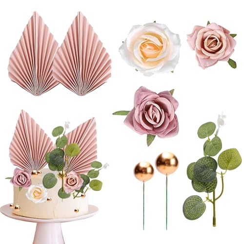 Fjquamitix Künstliche Blumen Tortenaufsatz-Set Palmblätter Rosen Pfingstrosen mit Mini-Kugeln DIY Kuchendekorationen (22 Stück künstliche Rosenblüten und Blätter) von Fjquamitix