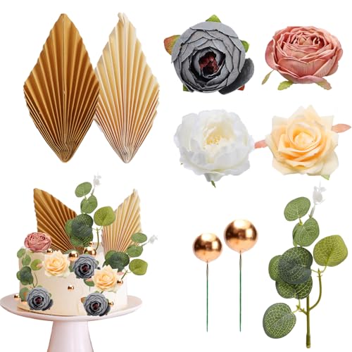 Fjquamitix Künstliche Blumen Tortenaufsatz-Set Palmblätter Rosen Pfingstrosen mit Mini-Kugeln DIY Kuchendekorationen (28 Stück Beige Gold) von Fjquamitix