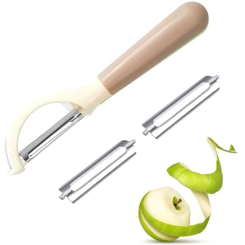 Fjquamitix Schwenkbarer Schäler mit 2 Klingen für Obst und Gemüse Edelstahlklinge mit rutschfestem Griff Praktisches Küchenwerkzeug für Kartoffeln und Äpfel (Khaki) von Fjquamitix