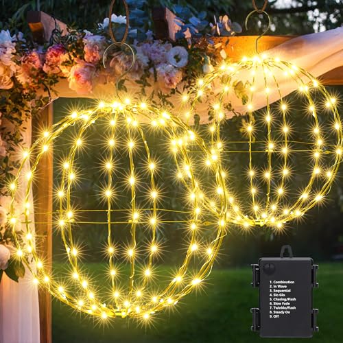 2 Hängekugelleuchten für den Außenbereich – 2 Größen, batteriebetriebene Weihnachts-Gartenlaternen, wasserdichte Kugel-Lichterketten mit 8 Beleuchtungsmodi, Timer- und Memory-Funktion (Warmweiß) von Flacchi