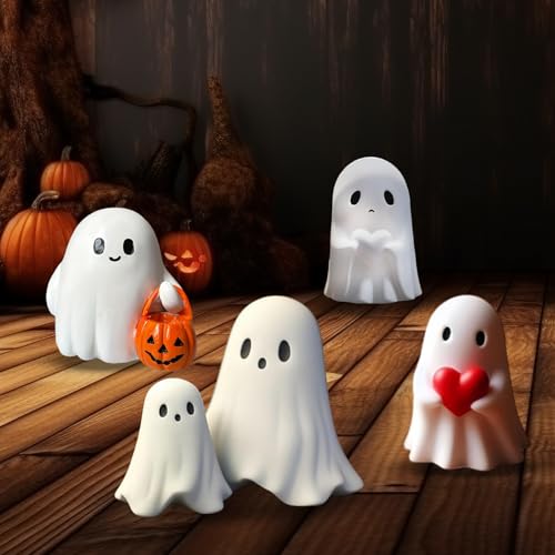 Flanliy Halloween Deko Geister Figuren, 4 Stück Geister Statue, Lustige Geist Figuren aus Harz für Halloween Deko Innen, Tischdeko, Party Zubehör (A) von Flanliy