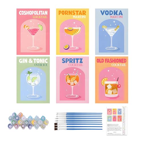 Flanliy Malen Nach Zahlen Erwachsene, 6 Stück Malen Nach Zahlen Cocktail, DIY Malen Nach Zahlen mit Acrylfarbe und 9 Pinseln, 15x20 cm Cocktail Serie Paint by Numbers für Home Decor (mit Keilrahmen) von Flanliy