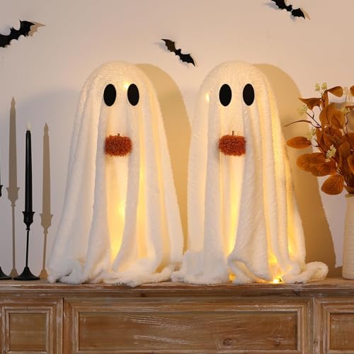 Halloween Geist Deko, 2er Set Halloween Deko Geister mit LED Licht, 52cm Stehender Geister Deko, Weiß Plüsch Geister Deko Batteriebetrieben für Helloween Dekoration Innen, Party Deko (A) von Flanliy