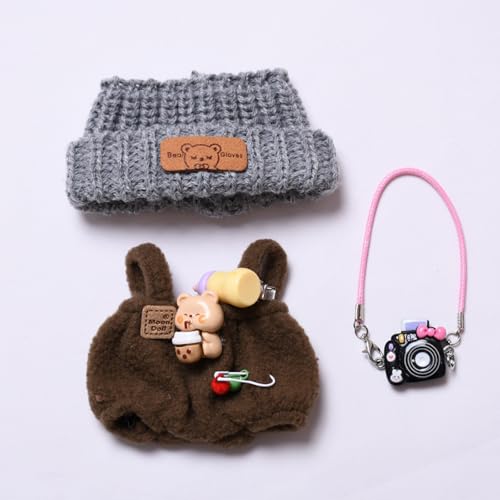 Kleidung für Labubu Puppe, 3er Set Bekleidung für 17 cm Labubu Puppe, Niedliche Plüsch Puppenkleidung mit Strickmütze und Tasche für Labubu Outfit, Puppenzubehör für DIY Kinder Geschenke (E) von Flanliy