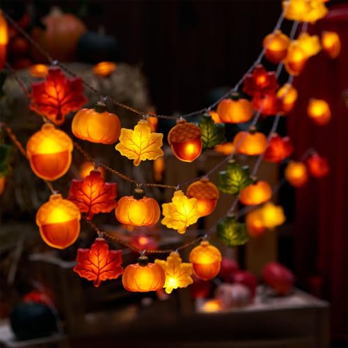 Lichterkette Herbst, 1.5M 10 LED Eichel Kürbis Herbstblätter Deko Herbst Lichterkette, Herbstdeko Innen Lichterketten Batteriebetrieben für Autumn Decor, Erntedankfest Deko, Party Fensterdeko (A) von Flanliy
