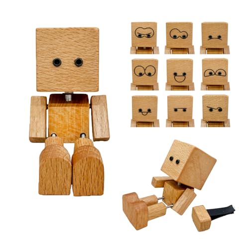 Schüttelmann Wackelfigur Auto, Wackelnder Holzmann mit Austauschbare Magnetische Ausdrücke, Handgefertigter Schüttelmann aus Naturholz, Schüttelnden Beine Holzfiguren für Auto Armaturenbrett Deko (A) von Flanliy