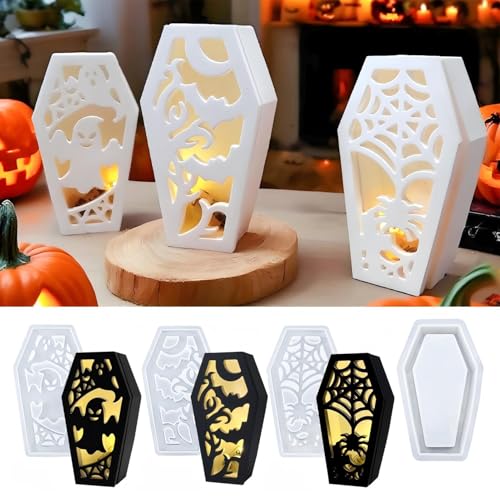 Silikonformen Gießformen Halloween, 4er Set Helloween Sarg Gießformen Silikon, Giessformen Silikon Sarg mit Geist Fledermaus Muster, Gipsformen zum Gießen für DIY Halloween Deko (A) von Flanliy