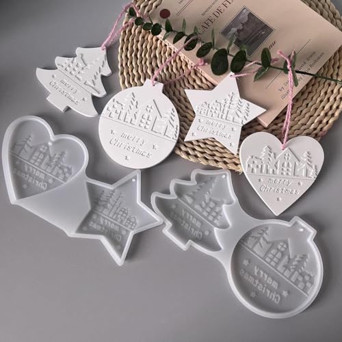 Silikonformen Gießformen Weihnachten, Silikonform Weihnachten Anhänger, Gießformen Silikon Weihnachten, Tannenbaum Stern Herz Kugeln Anhänger Gipsformen zum Gießen, DIY Gießform Weihnachten (A) von Flanliy