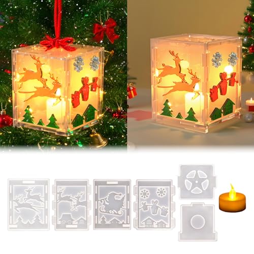 Silikonformen Gießformen Weihnachten Laterne, Silikonform Weihnachten mit 1 LED Kerzen, Gießformen Silikon Weihnachtslaterne mit Elch Mustern, Gießform Weihnachten für DIY Weihnachtsdeko Laterne (A) von Flanliy
