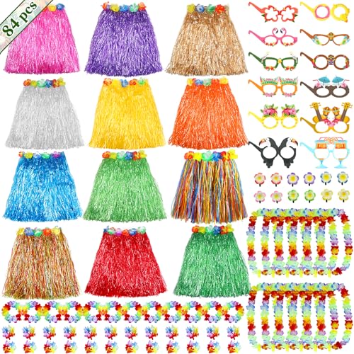 Flareyer Hawaiianische Luau-Partyzubehör, verstellbare Hula-Röcke mit Leis-Halsketten, Stirnbändern, Armbändern, Haarspangen und Brillen für tropische Geburtstagsparty-Dekoration und Gastgeschenke, 84 von Flareyer