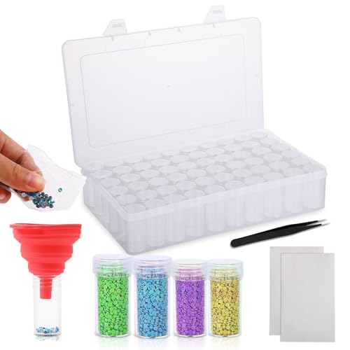 Diamond Painting Aufbewahrungsbox - Diamond Painting Zubehör 60 Runde Kunststoffdosen Diamant Stickerei Box Perlen Nagelkunst Aufbewahrungsbehälter DIY Basteln mit Etiketten Pinzette Trichter von Flearitzo