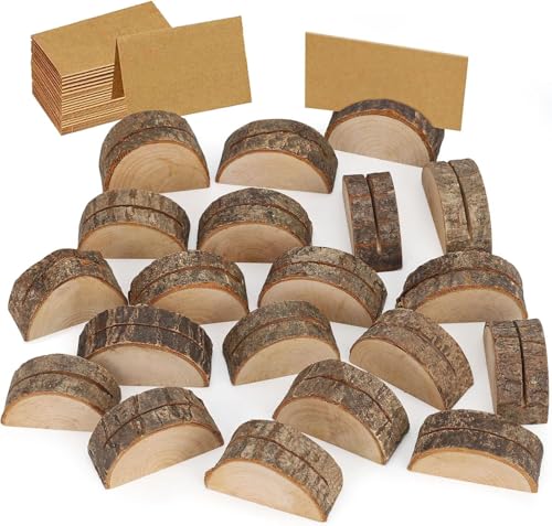Flearitzo Halbkreis Tischkartenhalter Holz – 20 Stück Rustikale Holz Kartenhalter mit 20 Tischkarten – Ideal als Menükartenhalter Platzkartenhalter Fotohalter für Hochzeit Bankett oder Restaurant von Flearitzo
