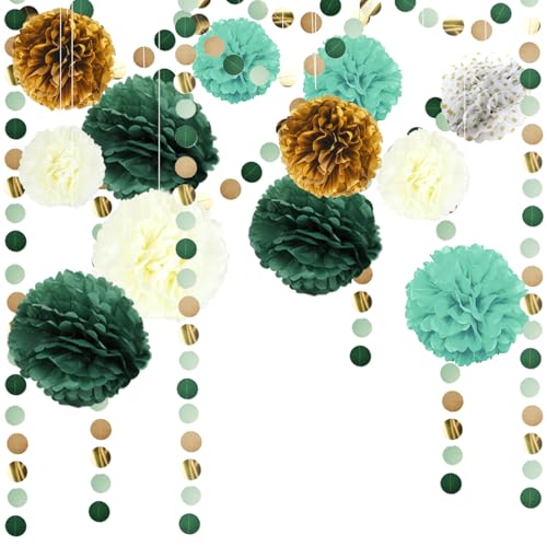 Seidenpapier Pompons Deko 15 Stück - Party Deko Tissue Papier Pompons und Punkte Girlande Partydeko geeignet für Hochzeit Babyparty Abschlussball Deko Party Geburtstag Party Deko(Waldgrüne) von Flearitzo