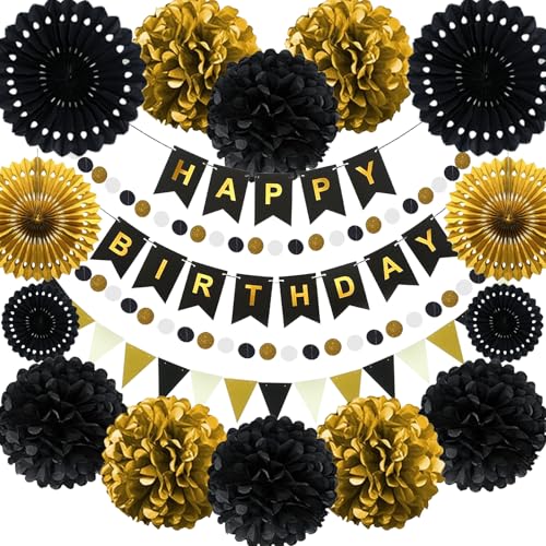 18 Pcs Geburtstag Deko, Birthday Decorations, Geburtstagsdeko, Party Deko, Partydekorationen, Geburtstag Schwarz Gold, Happy Birthday Schwarz Gold, Pompons Deko, Papierblumen Party von Fletorin