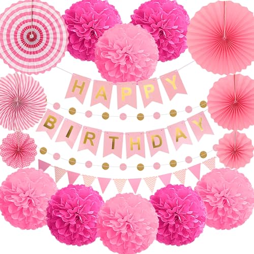 18 Pcs Geburtstag Deko, Party Decoration, Birthday Decorations, Geburtstagsdeko, Fächer Geburtstags, Papierblumen Party, Pompons Deko Pink, Geburtstag Rosa, Pink, Birthday Decorations Rosa von Fletorin