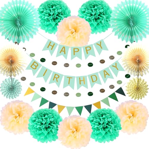 18 Pcs Geburtstag Deko, Party Deko, Birthday Decorations, Geburtstagsdeko, Decoration Grün, Party Beige, Fächer, Papierblumen, Pompons von Fletorin