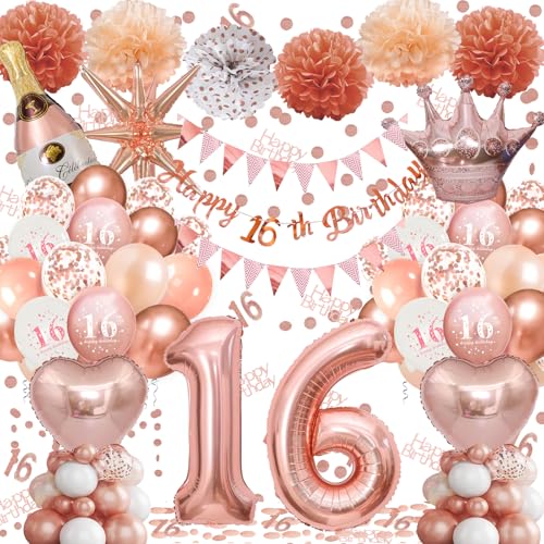 Ballon 16 Geburtstag Mädchen, 16 Geburtstag Deko Rosegold, Happy Birthday Banner, Latex Luftballons, Deko Party, Luftballons Roségold, Riesen Folienballon Nummer, Konfetti balloons, Papierbommel von Fletorin