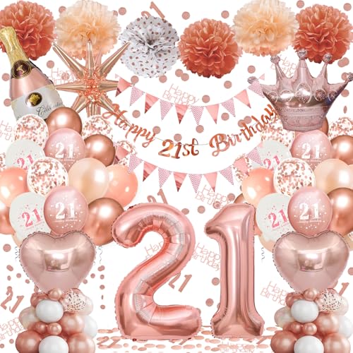 Ballon 21 Geburtstag Mädchen, 21 Geburtstag Deko Rosegold, Happy Birthday Banner, Latex Luftballons, Deko Party, Luftballons Roségold, Riesen Folienballon Nummer, Konfetti balloons, Papierbommel von Fletorin
