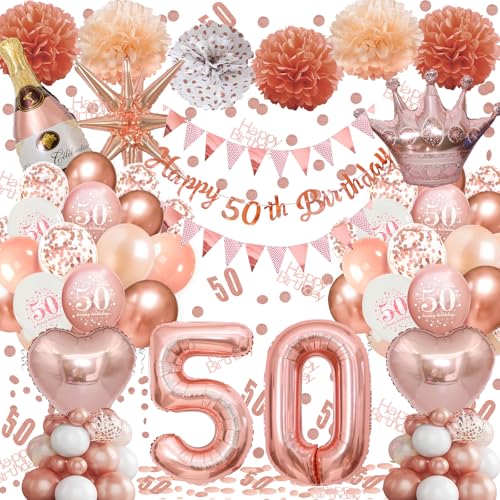 Ballon 50 Geburtstag Mädchen, 50 Geburtstag Deko Rosegold, Happy Birthday Banner, Latex Luftballons, Deko Party, Luftballons Roségold, Riesen Folienballon Nummer, Konfetti balloons, Papierbommel von Fletorin