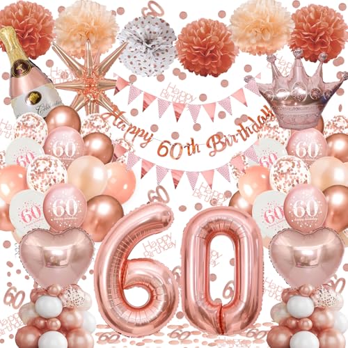 Ballon 60 Geburtstag Mädchen, 60 Geburtstag Deko Rosegold, Happy Birthday Banner, Latex Luftballons, Deko Party, Luftballons Roségold, Riesen Folienballon Nummer, Konfetti balloons, Papierbommel von Fletorin