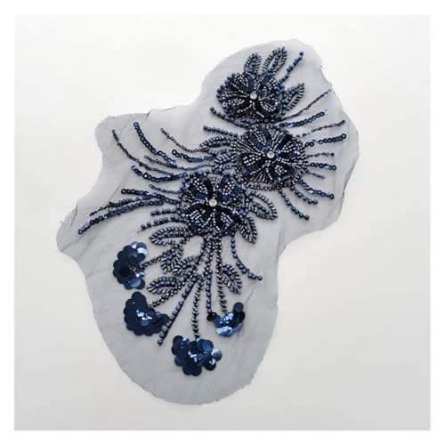 Blumenstickerei, Einfassung, Pailletten, Perlenstickerei, Nähaufnäher, für Brautkleid, Hochzeitskleid, Miederkleid, handgefertigt (Marineblau) von Flexmob