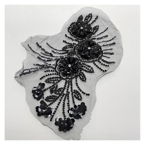 Blumenstickerei, Einfassung, Pailletten, Perlenstickerei, Nähaufnäher, für Brautkleid, Hochzeitskleid, Miederkleid, handgefertigt (schwarz) von Flexmob