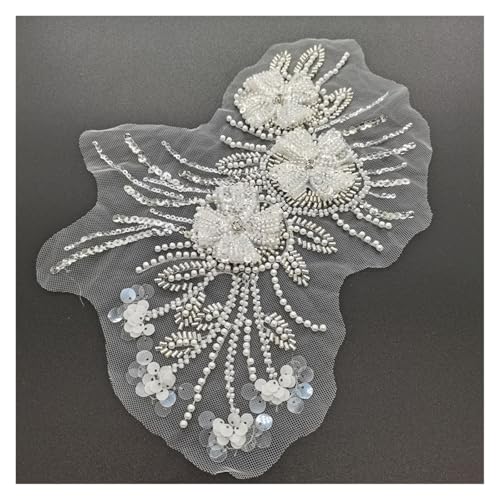 Blumenstickerei, Einfassung, Pailletten, Perlenstickerei, Nähaufnäher, für Brautkleid, Hochzeitskleid, Miederkleid, handgefertigt (weiß) von Flexmob