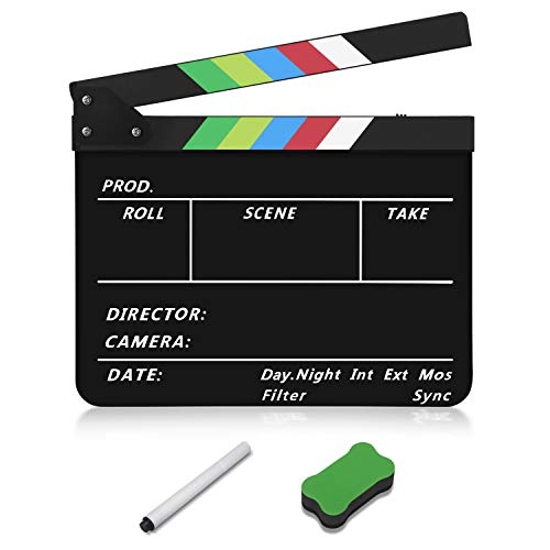 Flexzion Acryl-Kunststoff-Klappertafel Regieklappe Trockenes Radiergummi Schnitt Action-Szene Schiefertafel für Hollywood-Kamera Filmstudio Heimkino Video mit bunten Streifen, 25 cm x 30 cm von Flexzion