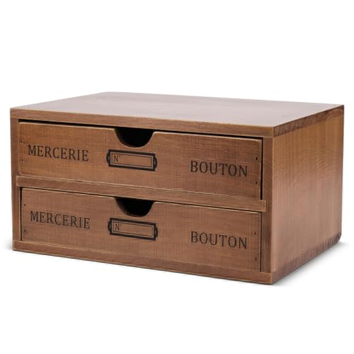 Flexzion Retro Schubladenbox Holz, Mini Kommode 2 Schubladen, Französischen Vintage Stil Schubladencontainer Ablagefächer Schreibtisch Organizer Büro Aufbewahrungsbox Schubladenbox, Natur & Braun von Flexzion