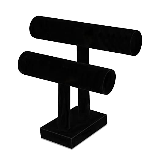 Flexzion Schmuckständer aus schwarzem Samt, 2 Etagen, T-förmig, zur Aufbewahrung von Halsketten, Armbändern, Ohrringen, Armreifen, Anhängern, Fußkettchen, Uhren, Schlüsselhalter, Organizer für Damen, von Flexzion