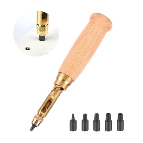 Fleymu Leder Locher, Professioneller Automatische Lochstanzer aus Stahl/Kupfer/Massivholz mit 6 Stanzdüsen (1,5-4mm) – Leder Locher Set für Gürtel, Papier, Handwerk & DIY inkl. Holzgriff von Fleymu