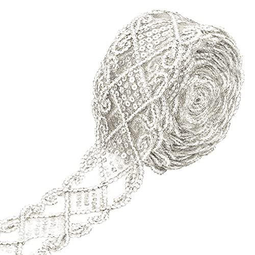 10 Yards Vorhang Pailletten Spitze, Einfassborte Spitze Pailletten Lace, Borte Band für Handgefertigte Heimwerker-Hochzeitsvorhänge, Handwerkliche Herstellung (Silber) von Floatdream