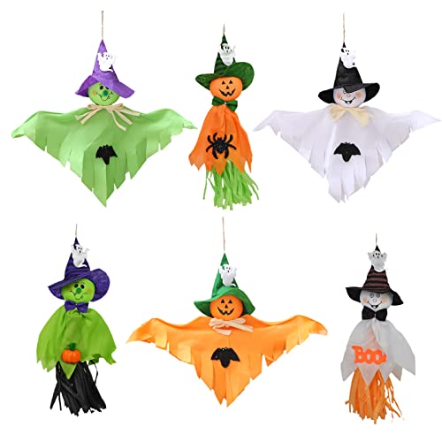6 Stück Halloween Geist Hängende Puppen, Halloween Stroh Windsack, Grün Hängender Geist, Partydekorationen, für die Dekoration von Innenräumen und Gärten von Floatdream