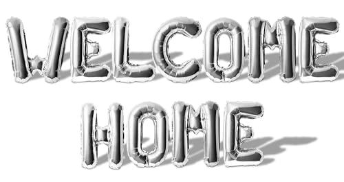 Buchstabenballons – Willkommen zu Hause, 40,6 cm, Alphabet-Buchstaben, Folienballon aus Mylar, Banner (Silber) von Floating Away Balloon Company