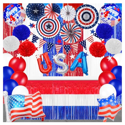 Patriotisches Dekorationsset zum 4. Juli, 54 Stück, rot, weiß, blau, Papierfächer, Pompon, Ballon, Fransenvorhang, Tischrock, USA, Wimpelkette, Sternschlangen, für Unabhängigkeitstag, Gedenktag Patriotisches Dekorationsset zum 4. Juli, 54 Stück, rot, weiß, blau, Papierfächer, Pompon, Ballon, Fransenvorhang, Tischrock, USA, Wimpelkette, Sternschlangen, für Unabhängigkeitstag, Gedenktag von Flohuaer