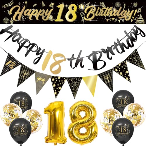 Flomiara 14-teiliges Dekorationsset zum 18. Geburtstag, Party-Dekoration, inklusive Partyzubehör, 32,3 m Banner, Dreiecksflaggen, 15,8 m Zahlen, Aluminiumfolie, Konfetti-Latex-Luftballons von Flomiara